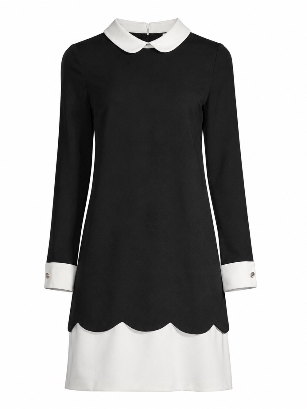 CeCe Black & White Scallop Hem Shift Dress Peter Pan Collar Long Sleeve Sz 2 NWT